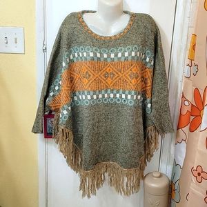 Adora poncho sweater Aztec print gray orange blue fringe pullover size s/m